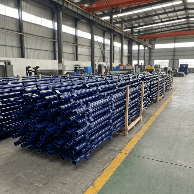 Stacks of kwikstage scaffold standards in a factory yard